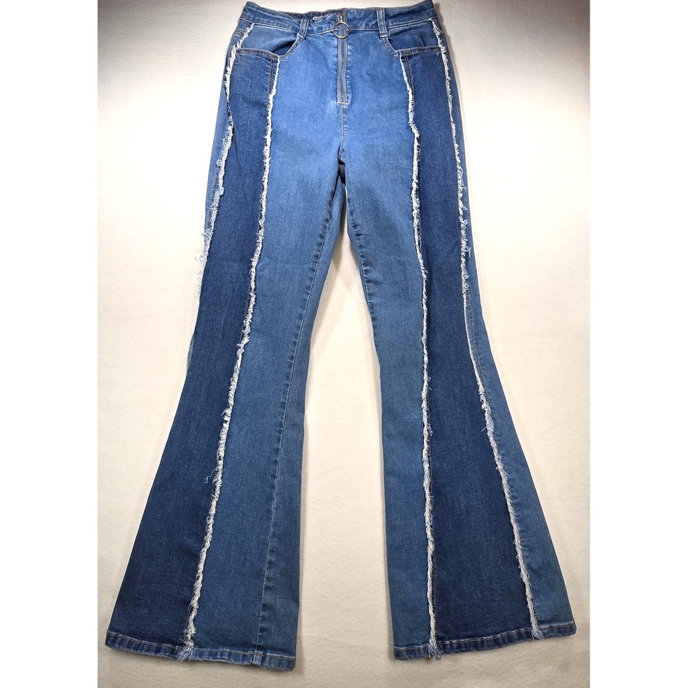 Gemma Rae Two Tone Frayed Patchwork Flare Jeans Blue High Rise Size 11/30 Boho